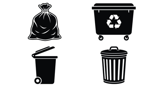 Black and white vector icon set featuring various trash cans and a filled garbage bag