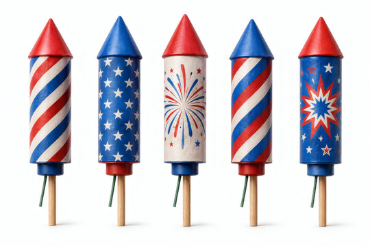 Set of Five Patriotic Red White and Blue Firework Rockets Isolated on White