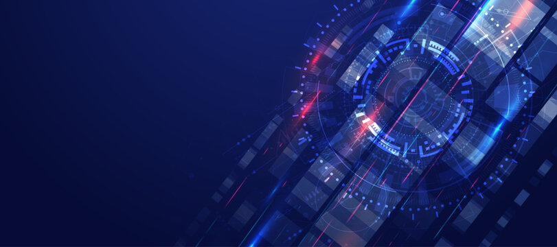 Dynamic abstract technology background with glowing blue and red lines converging towards a futuristic central element.