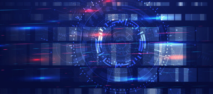 Abstract technology concept background with glowing central digital interface and interconnected circuit grid elements.
