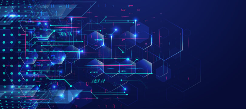 Abstract network of hexagons and circuits with glowing lights and binary code.