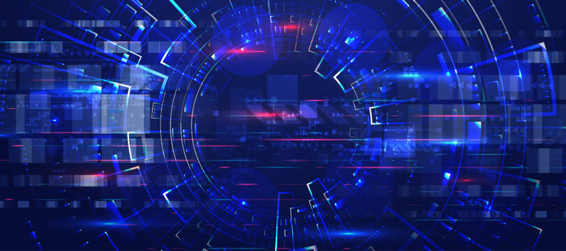 Dynamic technological abstract background with glowing circuits and digital elements.