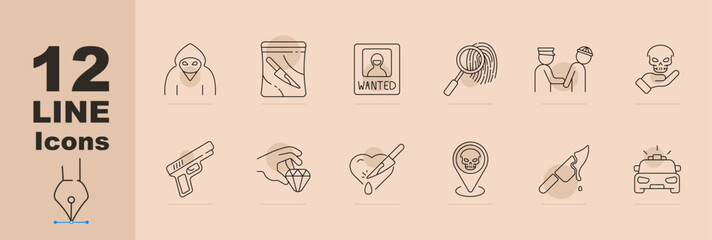Crime and investigation line icons set with thief, evidence bag, wanted poster, fingerprint, police arrest, skull, handgun, stolen diamond, blood evidence, danger location, knife and patrol car © Anastasia