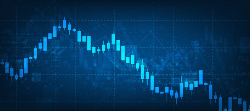 Financial stock market chart with blue candlesticks showing downward trend on dark grid background.