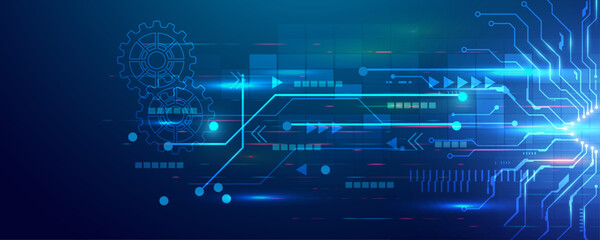 Fototapeta premium Abstract technology background with glowing gears and digital circuit board elements.