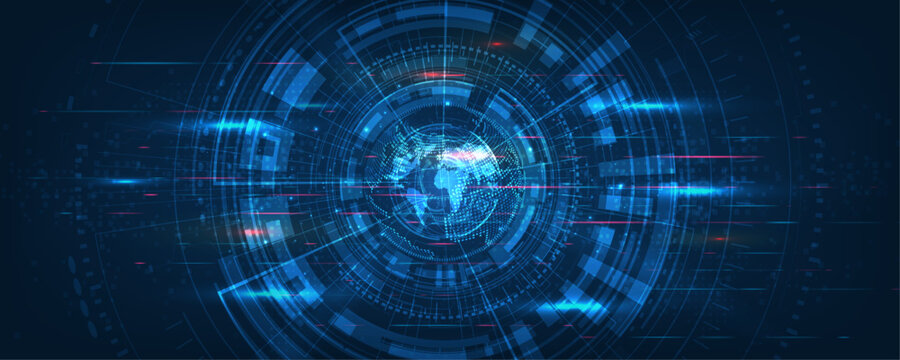 Abstract cyber space background with glowing world map and circular technology elements.