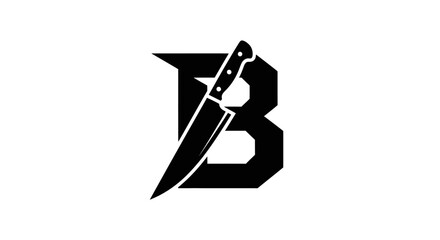 Bold black letter 'B' overlaid with a sharp knife, minimalist graphic design © Keong