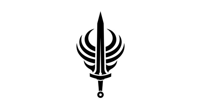 Symmetrical black and white emblem resembling a stylized sword intertwined with abstract elements