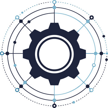Gear in center of interconnected network of dots and lines system settings icon on transparent background.