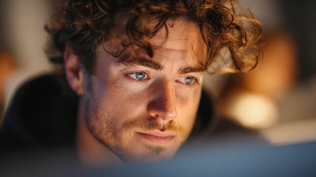 Young man focuses on work at a computer in a busy environment during evening hours while information lights glow softly