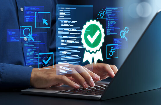 Software quality assurance. Testing and process improvement for reliable and secure software products. Programmer developing highly usable applications on laptop computer.