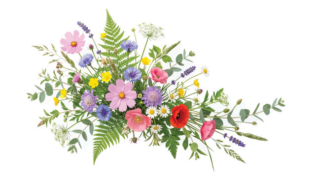 Colorful wildflower bouquet featuring vibrant petals and green fern leaves isolated against a white background