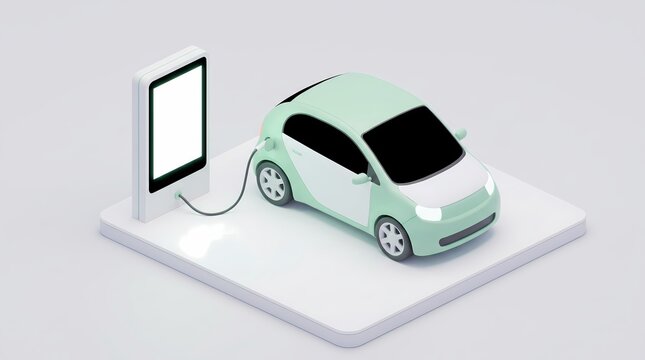3D isometric electric vehicle charging station with blank digital screen mockup