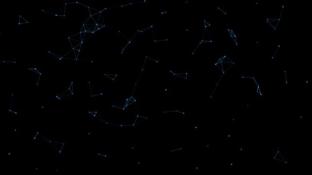 Blue moving constellations of connected dots and lines floating in a digital space. Abstract geometric background for technology concepts