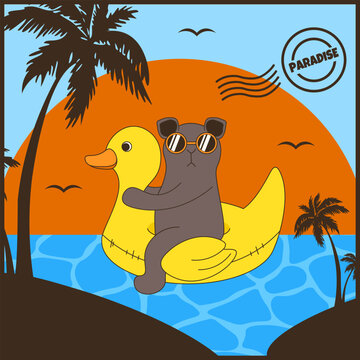 Summer Postmark cover design. Vector Capybara on the rubber ring sun island and Post Stamp. Perfect Summer postcard card t-shirt print and Postmark cover EPS 10