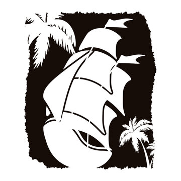 Grunge Summer Art with retro ship with sails. Vector Grunge ship and palm leaves isolated transparent background. Grunge Summer poster t-shirt hoodies print decor. EPS 10