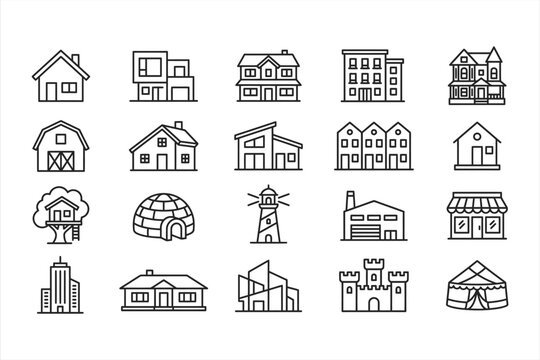 Set of various house and building architectural outline style icons