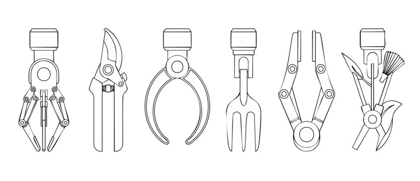 Robotic gripper tool icons set featuring mechanical claw attachments, automation end effectors, agricultural robotic arms, and industrial assembly components in a clean minimalist outline vector style