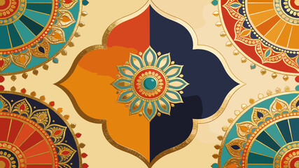 Vibrant ornate Indian-inspired design with a central quatrefoil motif and surrounding mandala patterns on a textured background. © abi