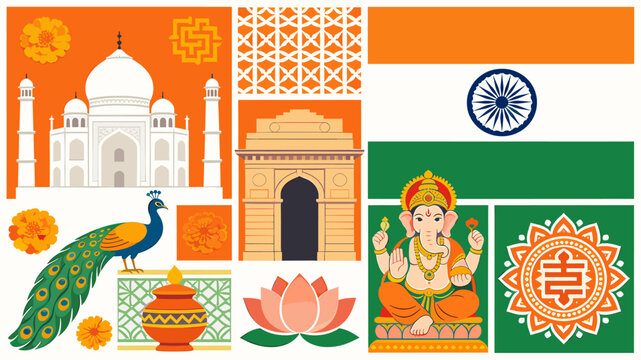 A vibrant collage showcasing diverse Indian cultural symbols and landmarks including the Taj Mahal, India Gate, peacock, lotus, Ganesha, and the national flag.