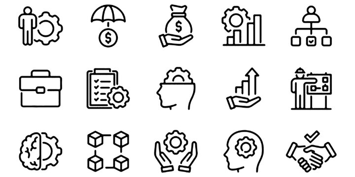 Production and Operations Management Line Icons Set. Manufacturing, Productivity, Quality Control, Process Analysis, Monitoring and Business Planning Vector Illustration Collection.