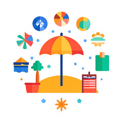 Fototapeta premium Summer vacation flat design elements, beach umbrella, palm tree, beach chair, colorful circles, isolated on white, vacation and travel concepts