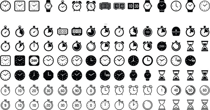 Minimalist Time and Clock Icon Mega Pack with Alarm Clocks, Wristwatches, Stopwatches, Hourglasses, and Solid Silhouette Timer Symbols for Business Productivity Web Designs