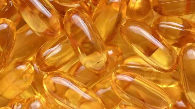 Golden soft gel capsules slowly rotate in closeup macro scene for healthcare, nutrition, supplement and wellness concepts