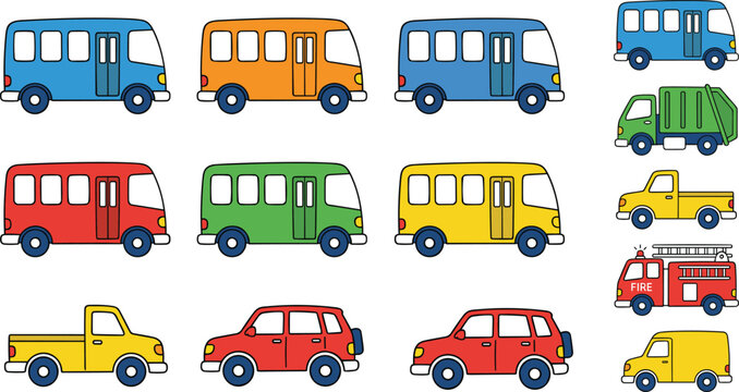 Colorful Toy Vehicle Icon Vector Set with Bus, Car, Pickup Truck, Fire Engine, and Garbage Truck Elements for Children Educational Designs