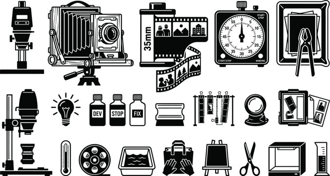 Vintage analog photography darkroom equipment and film processing icon set, vector illustration.