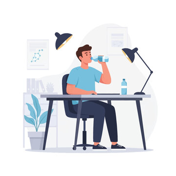 Vector illustration of a man sitting at an office desk drinking water from a plastic bottle in a modern workspace with a desk lamp, wall charts, a chair, and a potted plant.