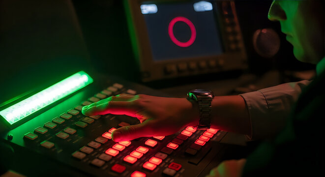 Director Operating Video Switcher Panel in Broadcast Studio