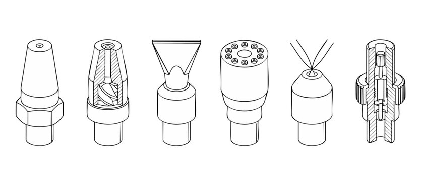Industrial spray nozzle diagram types featuring technical cross section blueprint schematics of pressure valves, mist nozzles, fluid dynamics, and mechanical components for manufacturing designs.