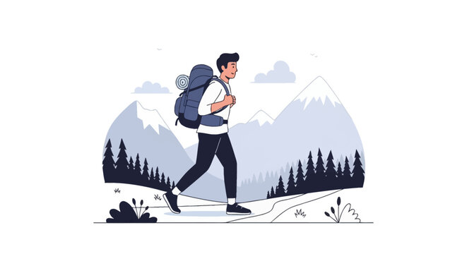 Vector illustration of a man wearing a large backpack with a bedroll hiking along a mountain trail through a pine forest with snow-capped peaks in a clean flat graphic style.