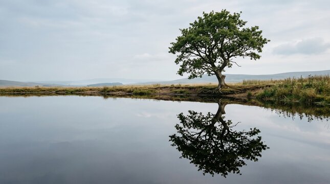 Tree Reflected Upside Down in Calm Water Landscape