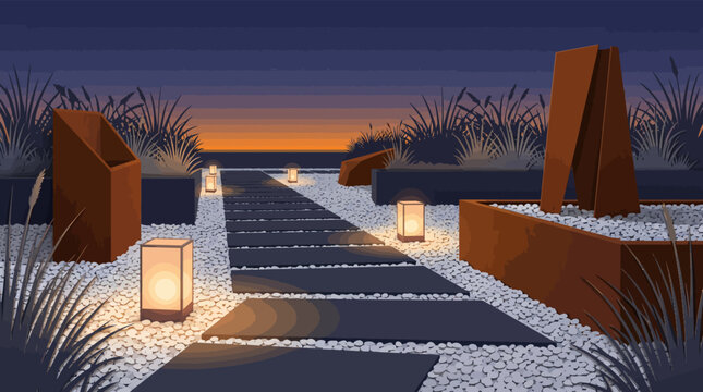 Modern minimalist courtyard pathway with glowing stone lanterns at sunset beach, vector illustration.