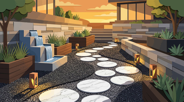 Luxury residential backyard garden featuring tiered stone waterfall and circular path, vector illustration.