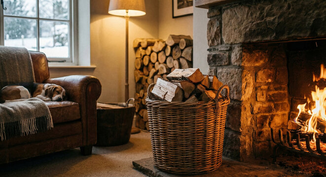 Cozy living room with burning stone fireplace wicker basket of firewood leather armchair and sleeping beagle dog winter evening home warmth
