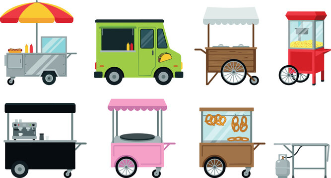 Street Food Cart and Truck Vector Set with Hot Dog, Taco, Popcorn, Coffee, and Pretzel Vendor Icons