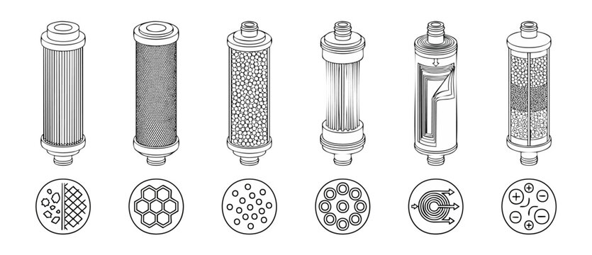 Water filter cartridge vector diagrams showing different purification system technologies including carbon, sediment, membrane and resin filtration stages for clean drinking water infographic.
