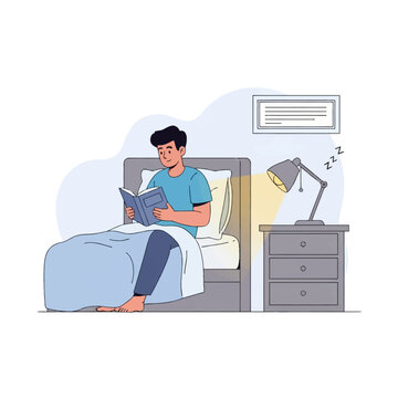 Vector illustration of a young man sitting in bed reading an open book at night under the light of a desk lamp on a bedside table, bedtime routine scene in a minimalist bedroom.
