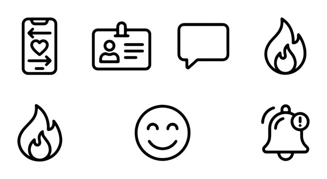 Modern Communication Icons: Social Media, Chat, Fire, ID Badge, Smile, Notification Bell