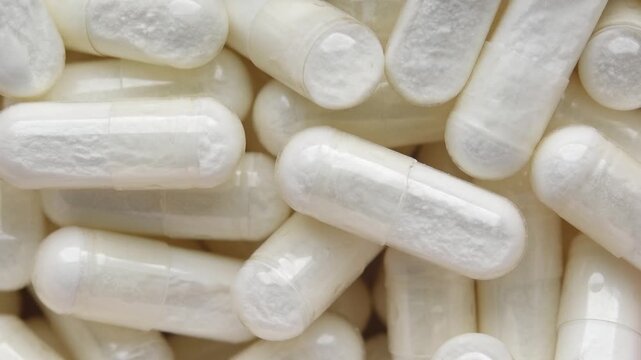 Close up of white powder capsules slowly rotating, creating clean pharmaceutical supplement background in macro view scene