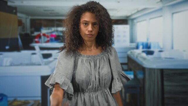 Teenage woman with curly hair in a gingham dress points index finger forward and briefly touches her nose in studio; determination.