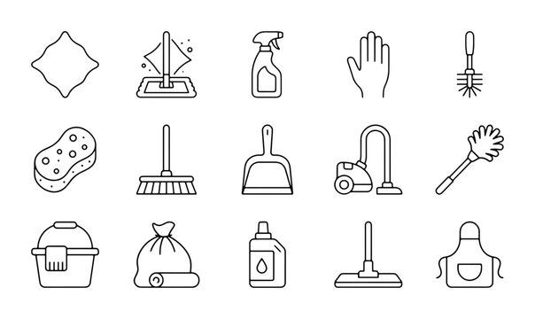15 Cleaning Icons Vector Set, Household Chores Tools, Hygiene Supplies, Domestic Service Graphics