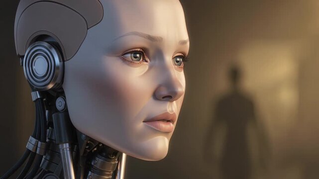 Futuristic humanoid robot designed for realistic facial expressions.