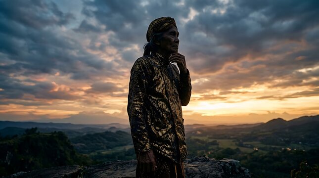 Elder man in traditional attire looking at mountain sunset