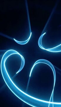 Glowing blue neon lights form abstract shapes in dark space with curves