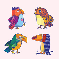 Obraz premium Cute colorful hand drawn cartoon birds collection with abstract decorative patterns playful folk art style isolated on white background. Perfect for children illustration, nursery decor, stickers.