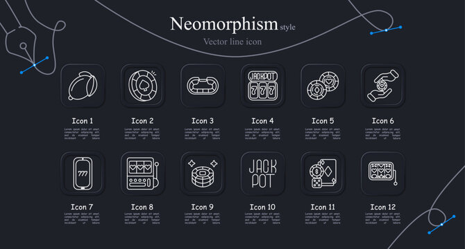 Casino gambling set icon. Poker chips, roulette wheel, slot machine jackpot, casino tokens, betting hand, slot machine screen, lucky machine, chip stack, jackpot sign, playing cards